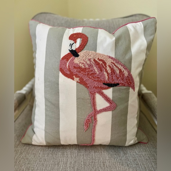 Pillow Throw Pillow Flamingo Decorative Cabana Stripe Taupe Cream Salmon Pink - Picture 1 of 5